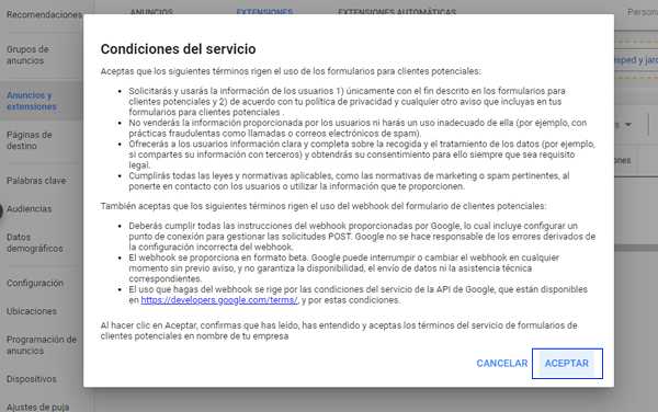 condiciones de servicio google ads extension forms