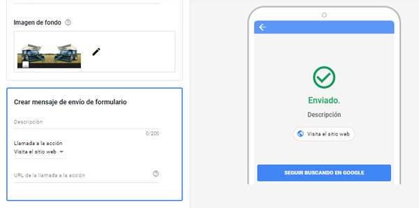 crear mensaje de envio en google ads forms